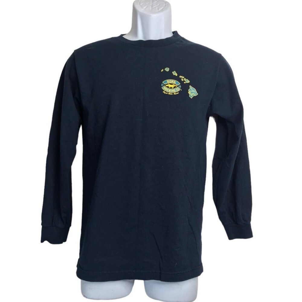 Kona Classic Big Wave Golden Ale Dual Graphic Print Long Sleeve Tee Sz S LS Navy